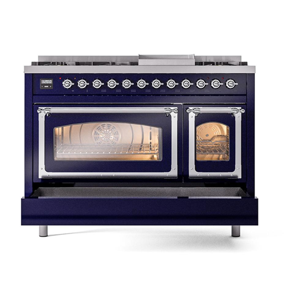 Ilve UN48FNMPMBCLP Ilve Un48Fnmpmbclp Nostalgie Ii Noblesse 48" Dual Fuel Range (8 Sealed Burners + Griddle, Liquid Propane, Triple Glass Door, Midnight Blue, Chrome)