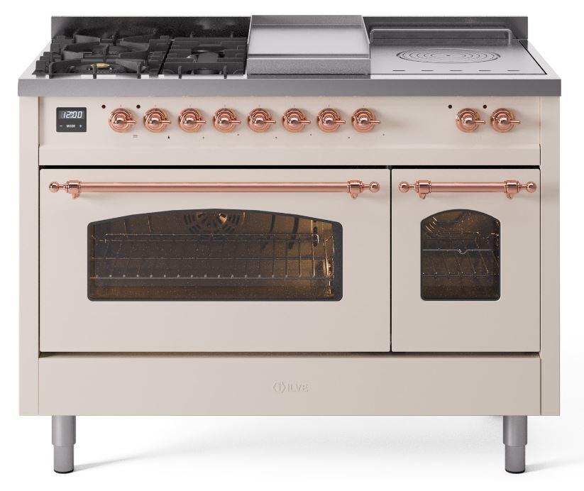 Ilve UP48FSNMPAWPLP Nostalgie Ii 48 Inch Dual Fuel Liquid Propane Freestanding Range In Antique White With Copper Trim