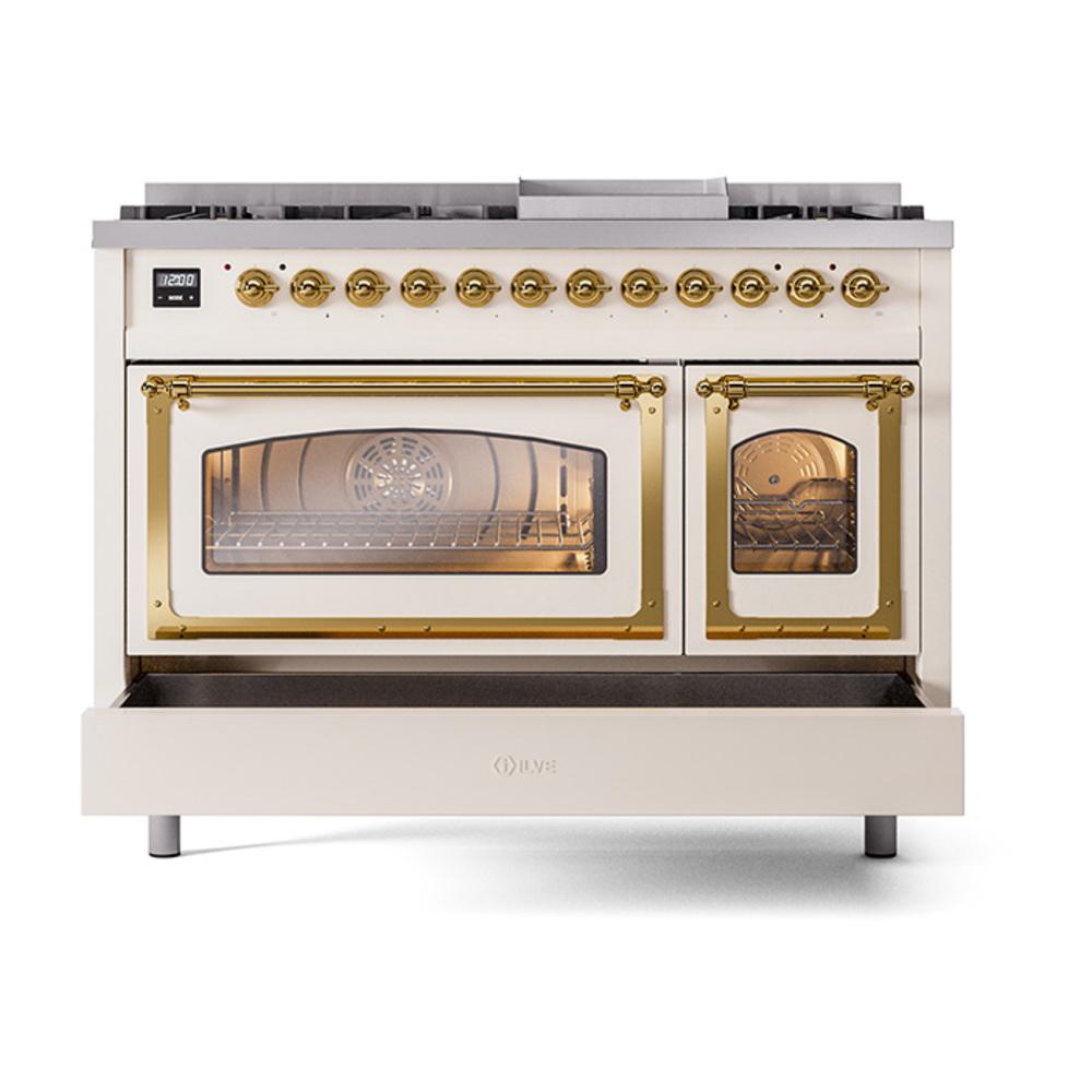 Ilve UN48FNMPAWG Ilve Un48Fnmpawg Nostalgie Ii Noblesse 48" Dual Fuel Range (8 Sealed Burners + Griddle, Natural Gas, Triple Glass Door, Antique White, Brass)