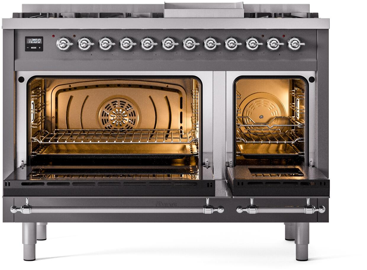 Ilve UP48FNMPMGC Nostalgie Ii 48 Inch Dual Fuel Natural Gas Freestanding Range In Matte Graphite With Chrome Trim