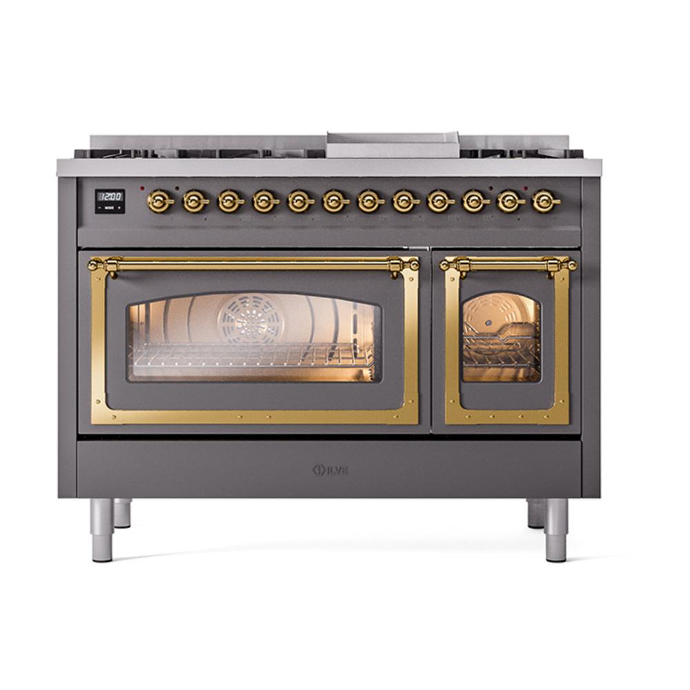 Ilve UN48FNMPMGG Ilve Un48Fnmpmgg Nostalgie Ii Noblesse 48" Dual Fuel Range (8 Sealed Burners + Griddle, Natural Gas, Triple Glass Door, Graphite Matte, Brass)