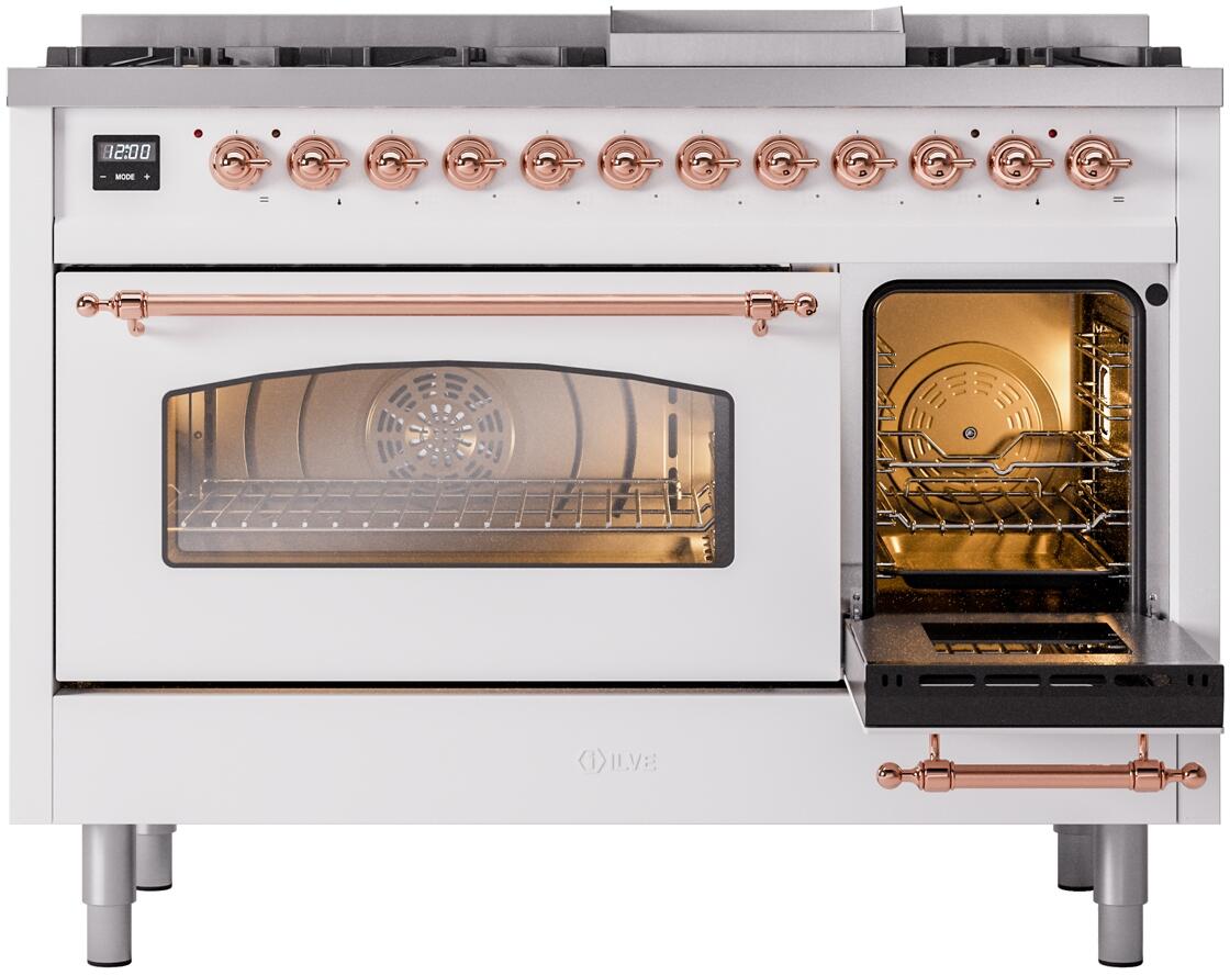 Ilve UP48FNMPWHPLP Nostalgie Ii 48 Inch Dual Fuel Liquid Propane Freestanding Range In White With Copper Trim