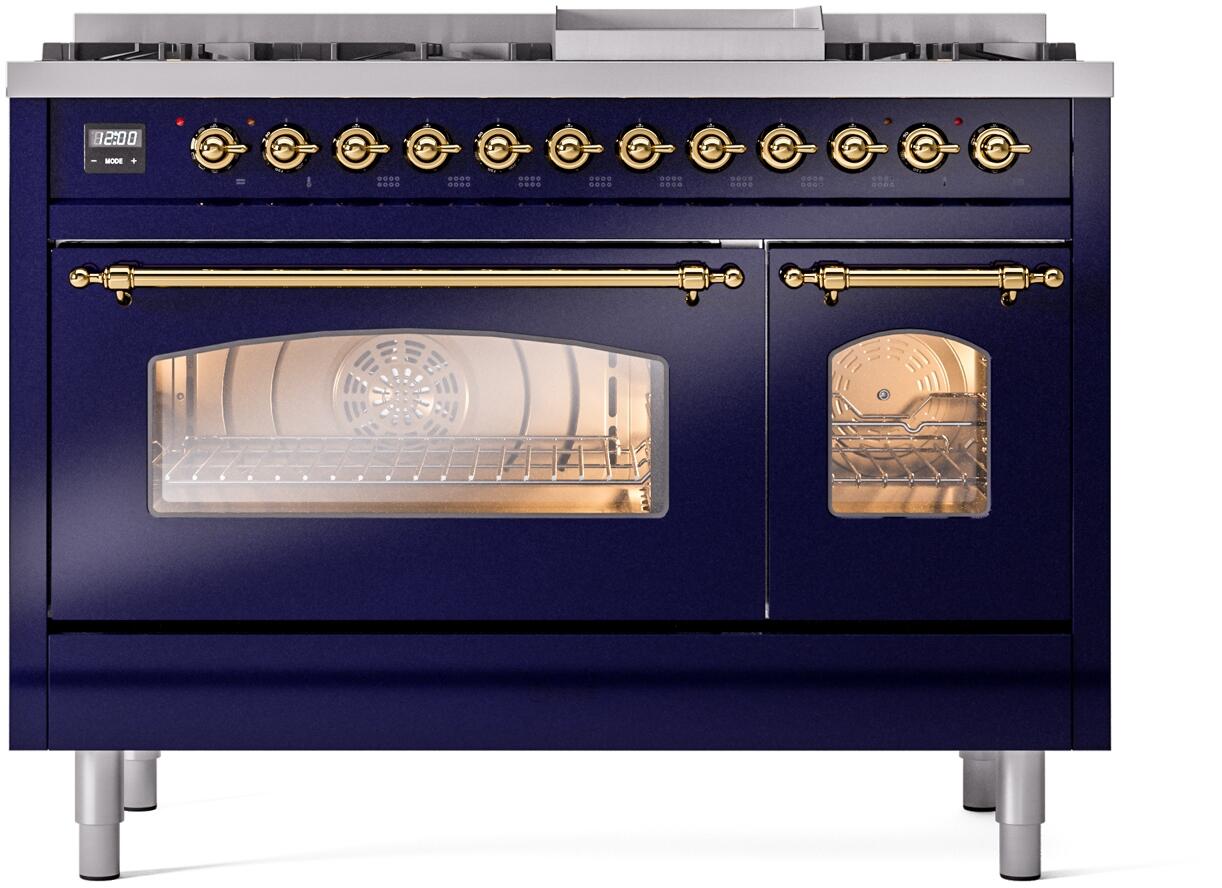 Ilve UP48FNMPMBG Nostalgie Ii 48 Inch Dual Fuel Natural Gas Freestanding Range In Blue With Brass Trim