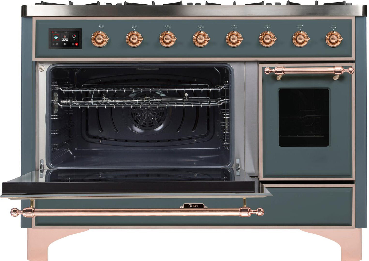 Ilve UM12FDNS3BGP Majestic Ii 48 Inch Dual Fuel Natural Gas Freestanding Range In Blue Grey With Copper Trim