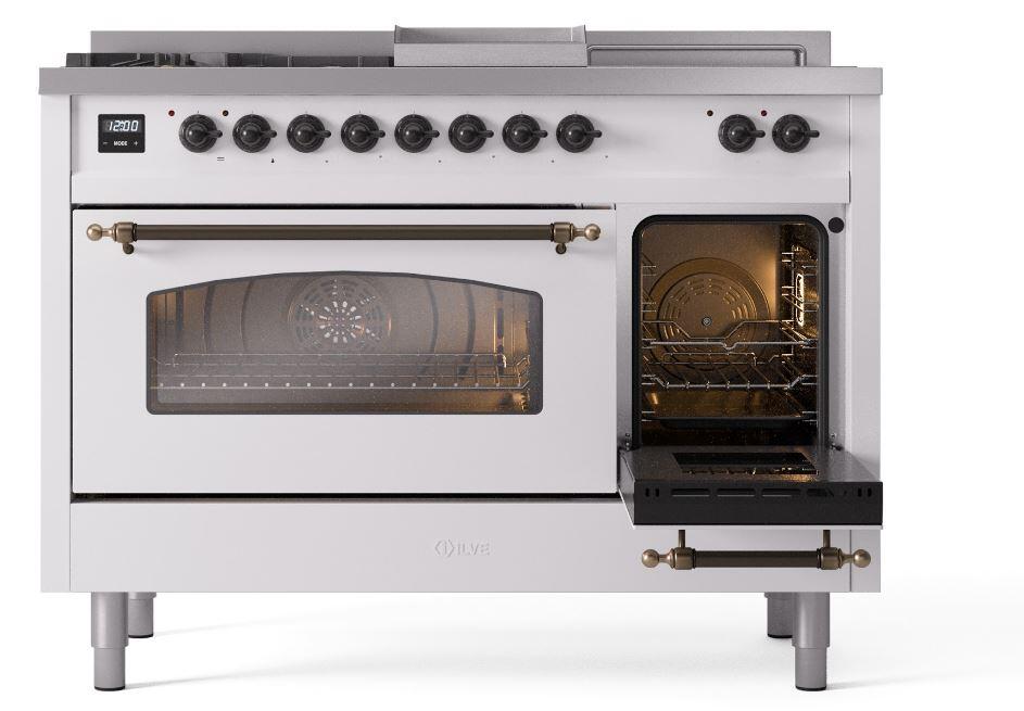 Ilve UP48FSNMPWHBLP Nostalgie Ii 48 Inch Dual Fuel Liquid Propane Freestanding Range In White With Bronze Trim