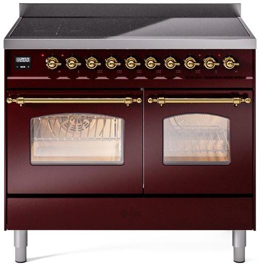 Ilve UPDI406NMPBUG Nostalgie Ii 40 Inch Electric Freestanding Range In Burgundy With Brass Trim