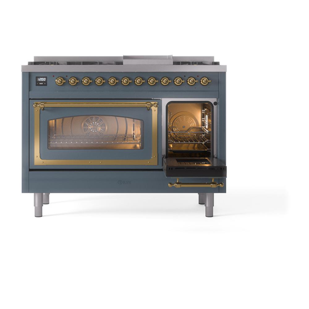 Ilve UN48FNMPBGG Ilve Un48Fnmpbgg Nostalgie Ii Noblesse 48" Dual Fuel Range (8 Sealed Burners + Griddle, Natural Gas, Triple Glass Door, Blue Grey, Brass)