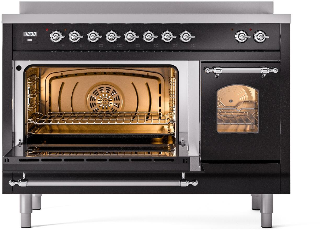 Ilve UPI486NMPBKC Nostalgie Ii 48 Inch Electric Freestanding Range In Glossy Black With Chrome Trim