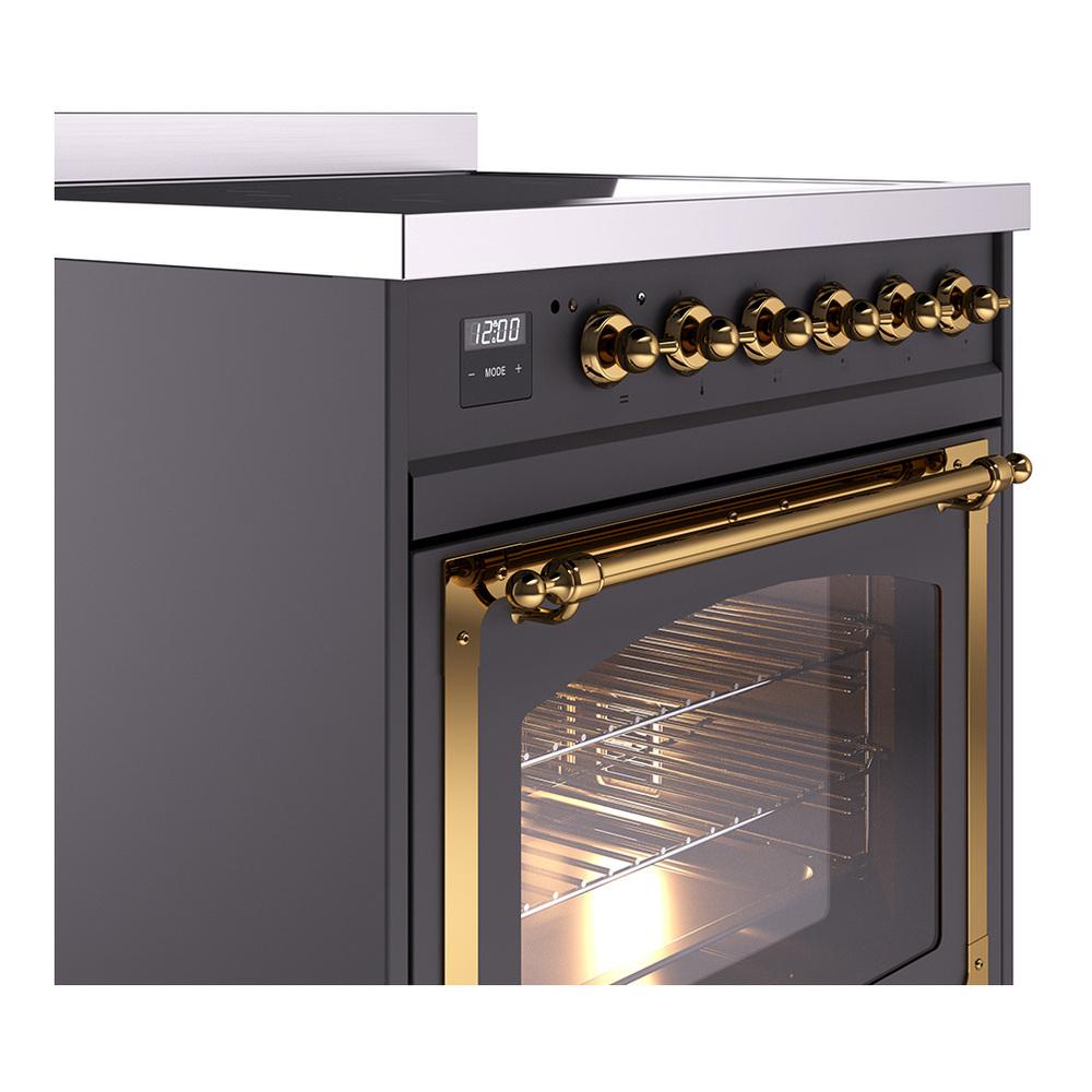 Ilve UNI304NMPMGG Ilve Uni304Nmpmgg Nostalgie Ii Noblesse 30" Induction Range (Triple Glass Door, Graphite Matte, Brass)