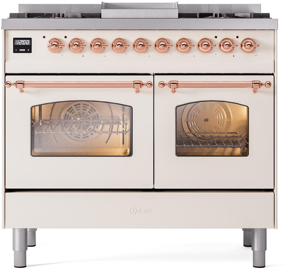 Ilve UPD40FNMPAWP Nostalgie Ii 40 Inch Dual Fuel Natural Gas Freestanding Range In Antique White With Copper Trim