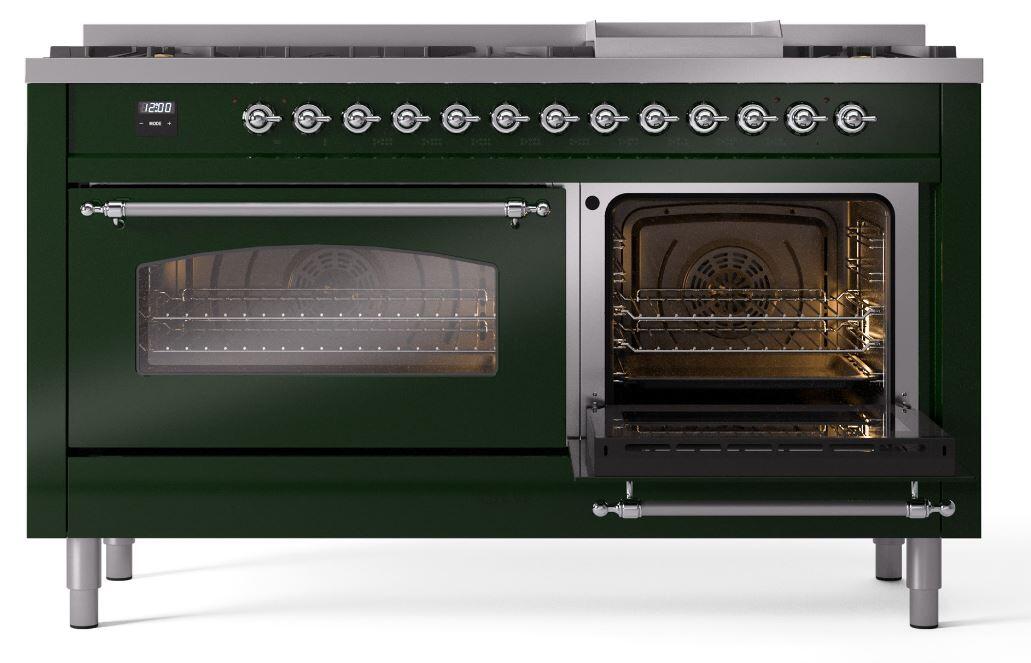 Ilve UP60FNMPEGC Nostalgie Ii 60 Inch Dual Fuel Natural Gas Freestanding Range In Emerald Green With Chrome Trim