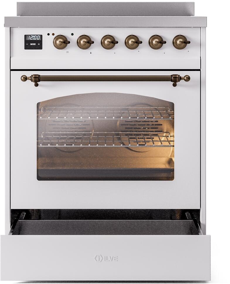 Ilve UPI304NMPWHB Nostalgie Ii 30 Inch Electric Freestanding Range In White With Bronze Trim