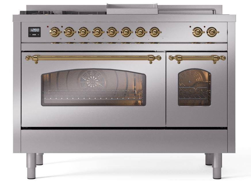 Ilve UP48FSNMPSSG Nostalgie Ii 48 Inch Dual Fuel Natural Gas Freestanding Range In Stainless Steel With Brass Trim