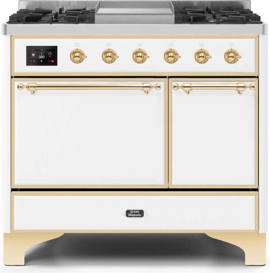 Ilve UMD10FDQNS3WHG Majestic Ii 40 Inch Dual Fuel Natural Gas Freestanding Range In White With Brass Trim