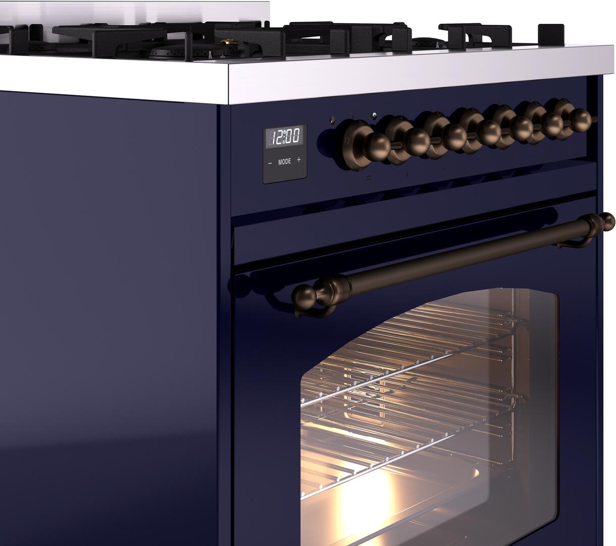 Ilve UP30NMPMBB Nostalgie Ii 30 Inch Dual Fuel Natural Gas Freestanding Range In Blue With Bronze Trim