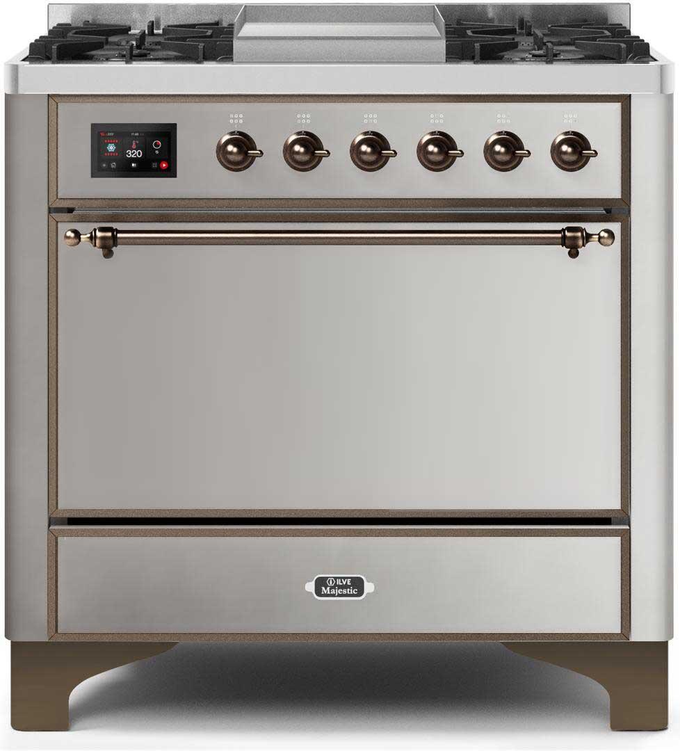 Ilve UM09FDQNS3SSB Majestic Ii 36 Inch Dual Fuel Natural Gas Freestanding Range In Stainless Steel With Bronze Trim