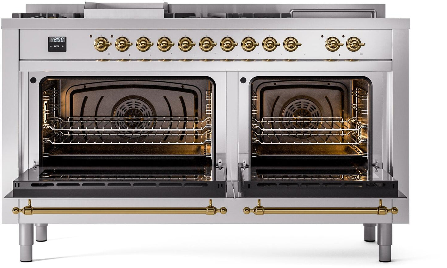 Ilve UP60FSNMPSSG Nostalgie Ii 60 Inch Dual Fuel Natural Gas Freestanding Range In Stainless Steel With Brass Trim