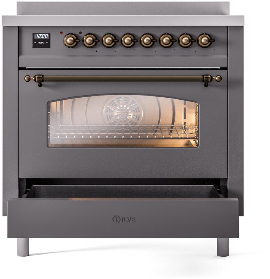 Ilve UPI366NMPMGB Nostalgie Ii 36 Inch Electric Freestanding Range In Matte Graphite With Bronze Trim