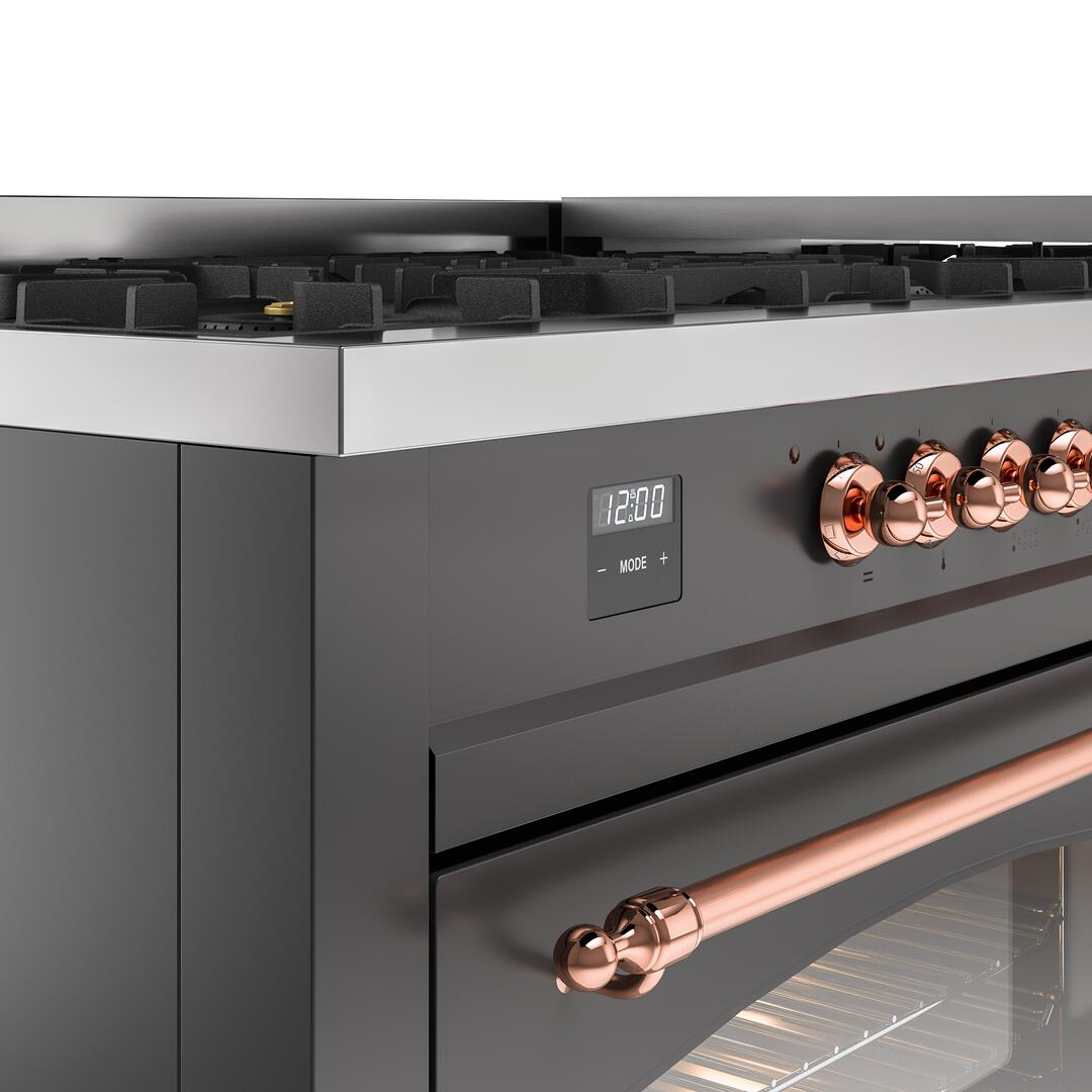 Ilve UP60FNMPMGP Nostalgie Ii 60 Inch Dual Fuel Natural Gas Freestanding Range In Matte Graphite With Copper Trim