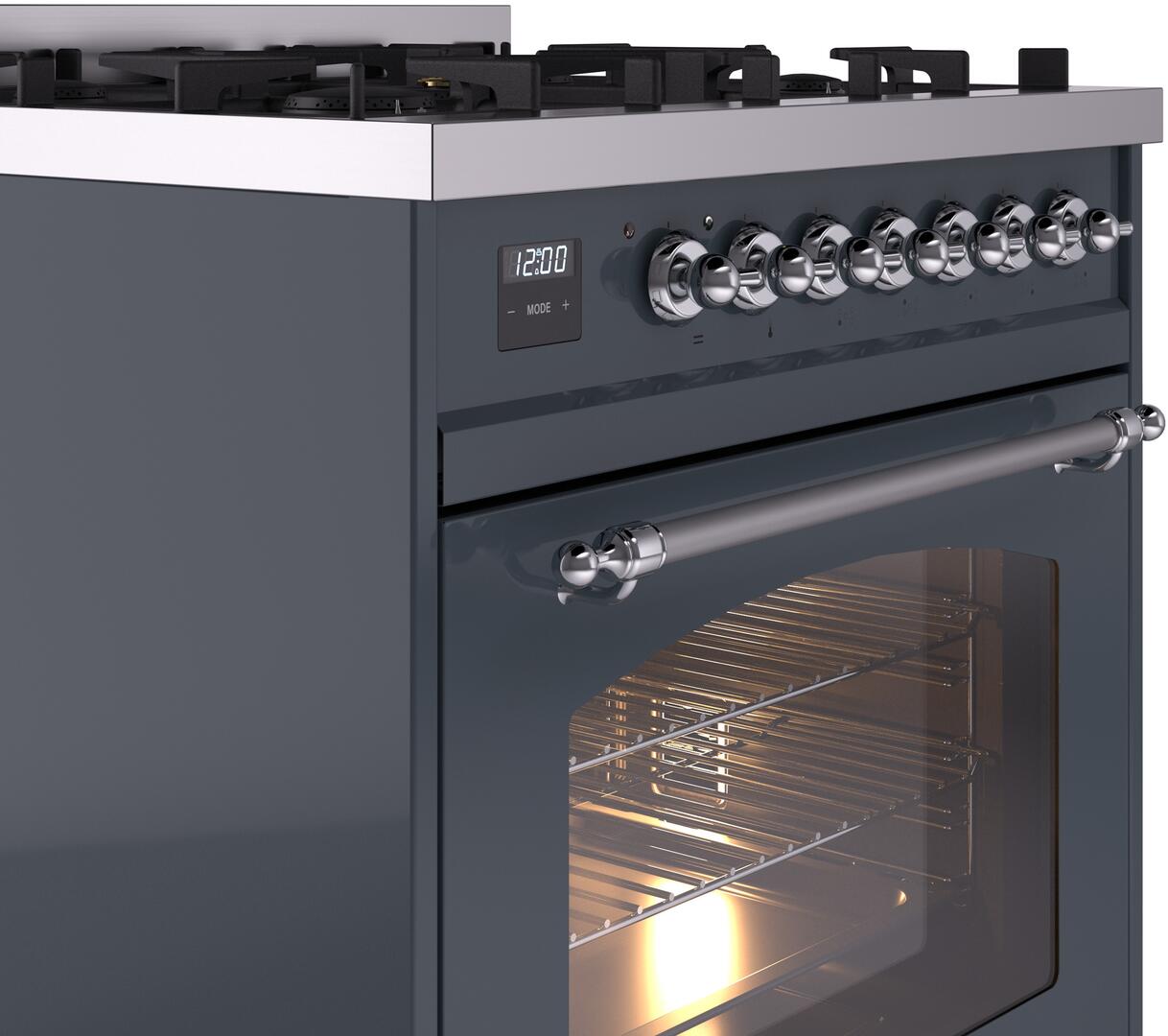 Ilve UP30NMPBGC Nostalgie Ii 30 Inch Dual Fuel Natural Gas Freestanding Range In Blue Grey With Chrome Trim