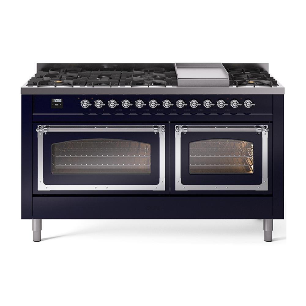 Ilve UN60FNMPMBC Ilve Un60Fnmpmbc Nostalgie Ii Noblesse 60" Dual Fuel Range (9 Sealed Burners + Griddle, Natural Gas, Triple Glass Door, Midnight Blue, Chrome)