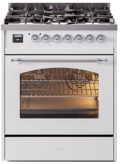 Ilve UP30NMPWHC Nostalgie Ii 30 Inch Dual Fuel Natural Gas Freestanding Range In White With Chrome Trim