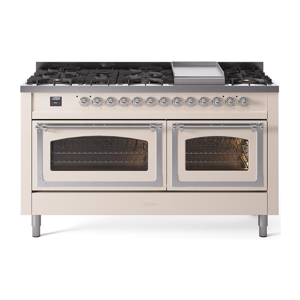 Ilve UN60FNMPAWC Ilve Un60Fnmpawc Nostalgie Ii Noblesse 60" Dual Fuel Range (9 Sealed Burners + Griddle, Natural Gas, Triple Glass Door, Antique White, Chrome)