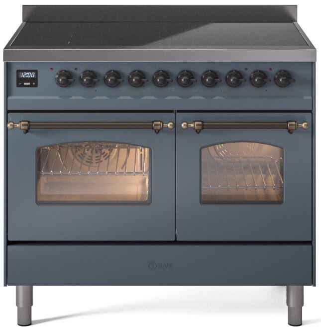 Ilve UPDI406NMPBGB Nostalgie Ii 40 Inch Electric Freestanding Range In Blue Grey With Bronze Trim