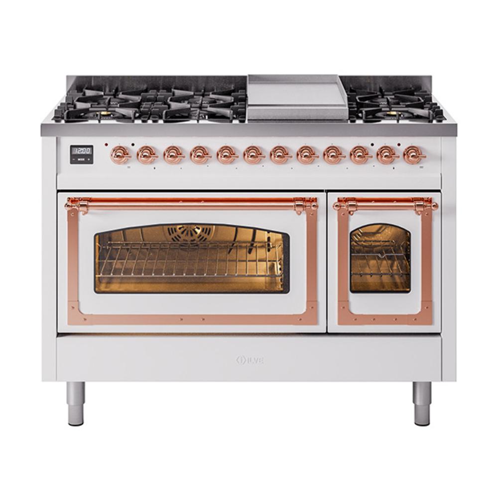 Ilve UN48FNMPWHPLP Ilve Un48Fnmpwhplp Nostalgie Ii Noblesse 48" Dual Fuel Range (8 Sealed Burners + Griddle, Liquid Propane, Triple Glass Door, White, Copper)