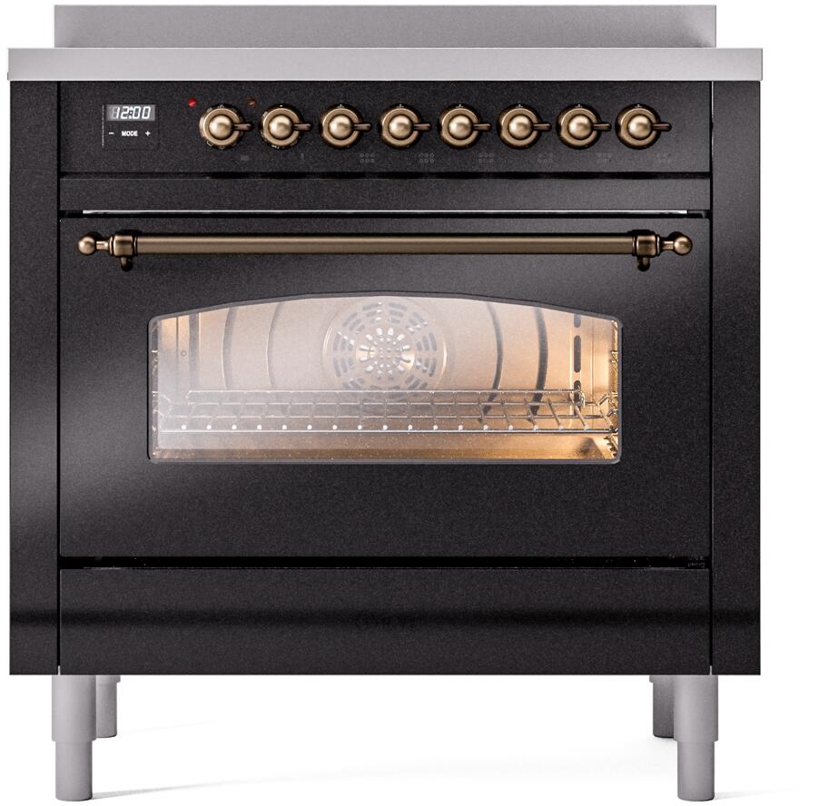 Ilve UPI366NMPBKB Nostalgie Ii 36 Inch Electric Freestanding Range In Glossy Black With Bronze Trim