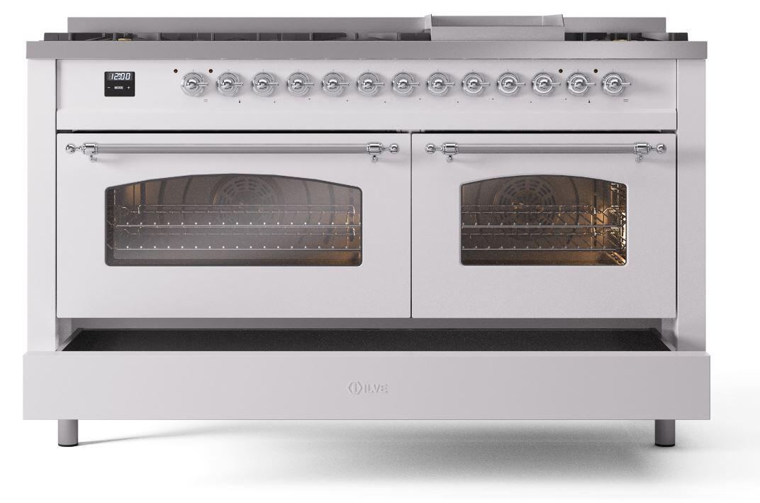 Ilve UP60FNMPWHCLP Nostalgie Ii 60 Inch Dual Fuel Liquid Propane Freestanding Range In White With Chrome Trim