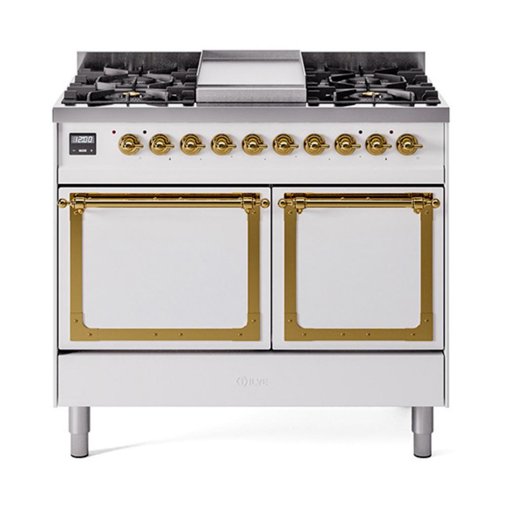 Ilve UND40FQNMPWHGLP Ilve Und40Fqnmpwhglp Nostalgie Ii Noblesse 40" Dual Fuel Range (Liquid Propane, Solid Door, White, Brass)