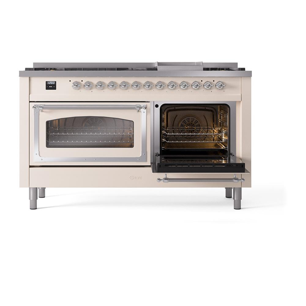 Ilve UN60FNMPAWC Ilve Un60Fnmpawc Nostalgie Ii Noblesse 60" Dual Fuel Range (9 Sealed Burners + Griddle, Natural Gas, Triple Glass Door, Antique White, Chrome)