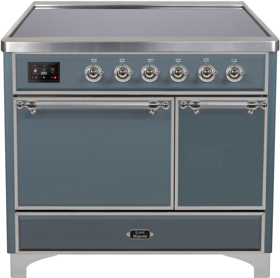 Ilve UMDI10QNS3BGC Majestic Ii 40 Inch Electric Freestanding Range In Blue Grey With Chrome Trim