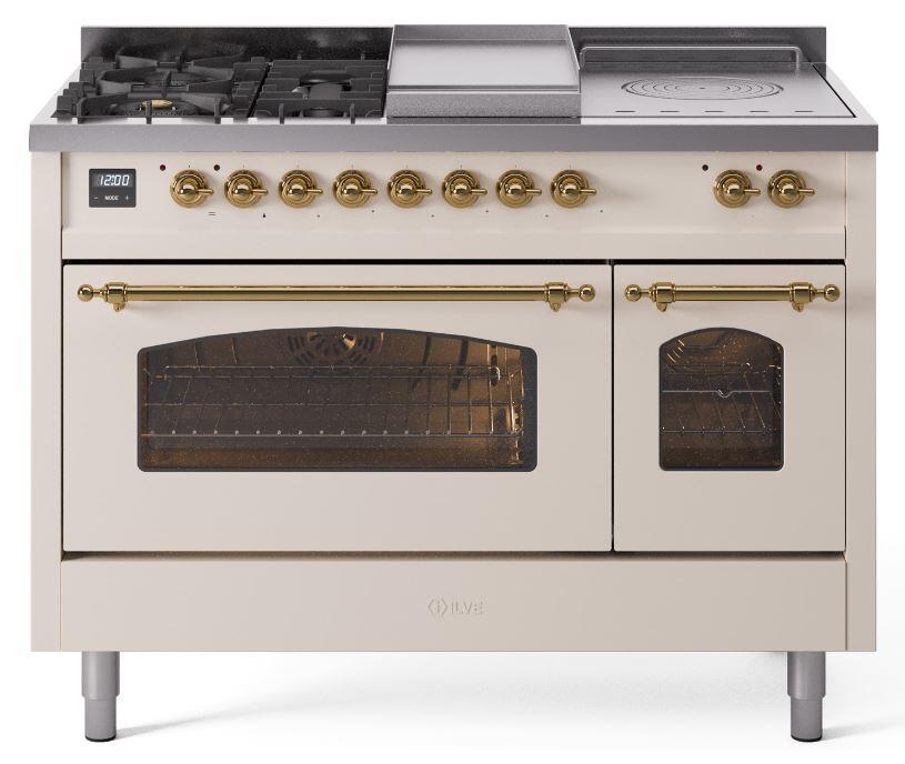 Ilve UP48FSNMPAWG Nostalgie Ii 48 Inch Dual Fuel Natural Gas Freestanding Range In Antique White With Brass Trim