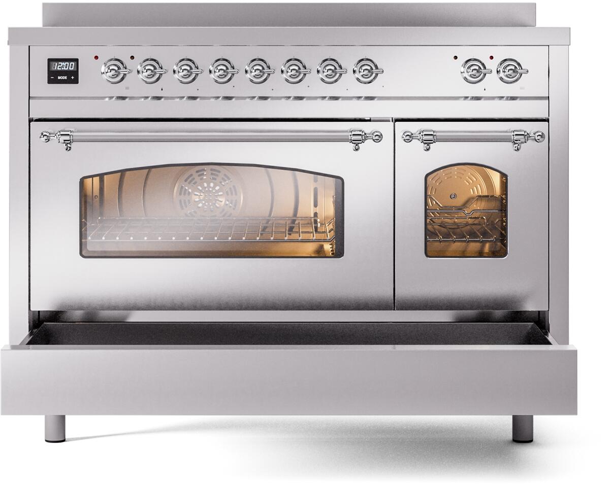 Ilve UPI486NMPSSC Nostalgie Ii 48 Inch Electric Freestanding Range In Stainless Steel With Chrome Trim