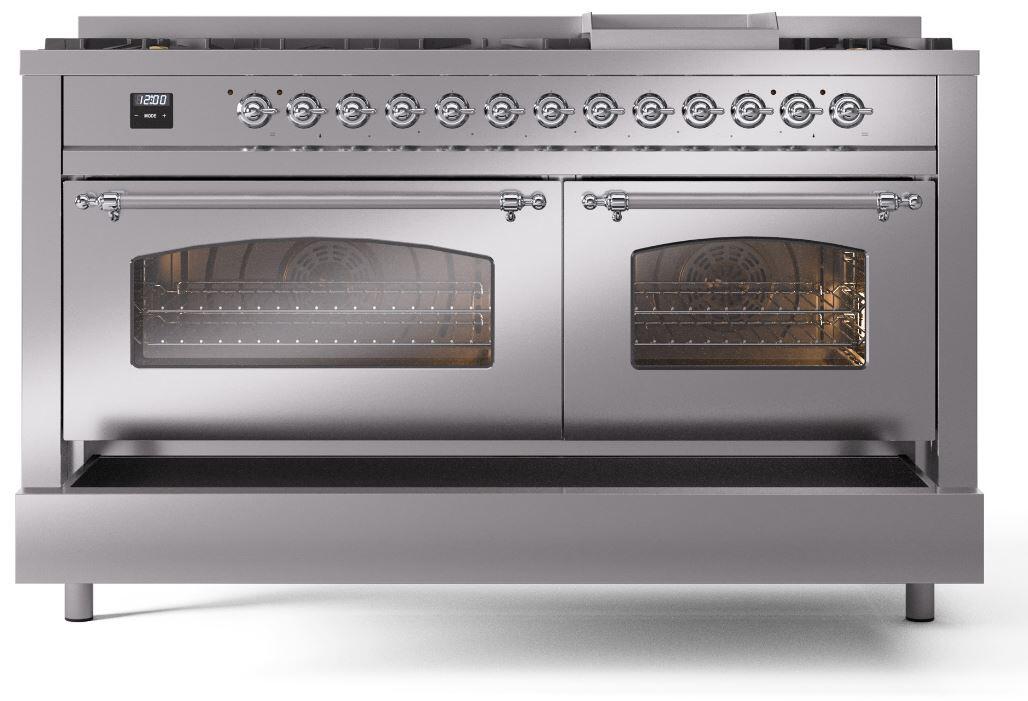 Ilve UP60FNMPSSC Nostalgie Ii 60 Inch Dual Fuel Natural Gas Freestanding Range In Stainless Steel With Chrome Trim