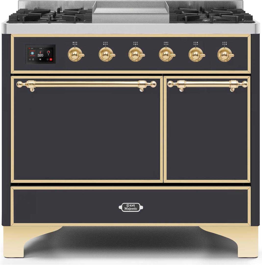 Ilve UMD10FDQNS3MGGLP Majestic Ii 40 Inch Dual Fuel Liquid Propane Freestanding Range In Matte Graphite With Brass Trim