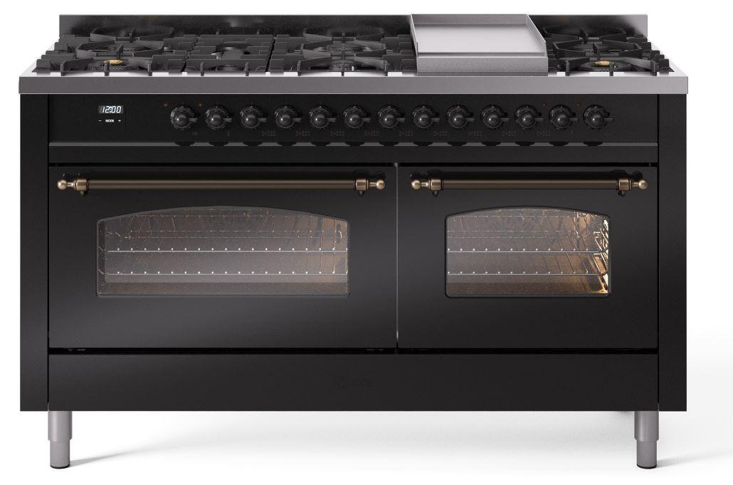 Ilve UP60FNMPBKBLP Nostalgie Ii 60 Inch Dual Fuel Liquid Propane Freestanding Range In Glossy Black With Bronze Trim