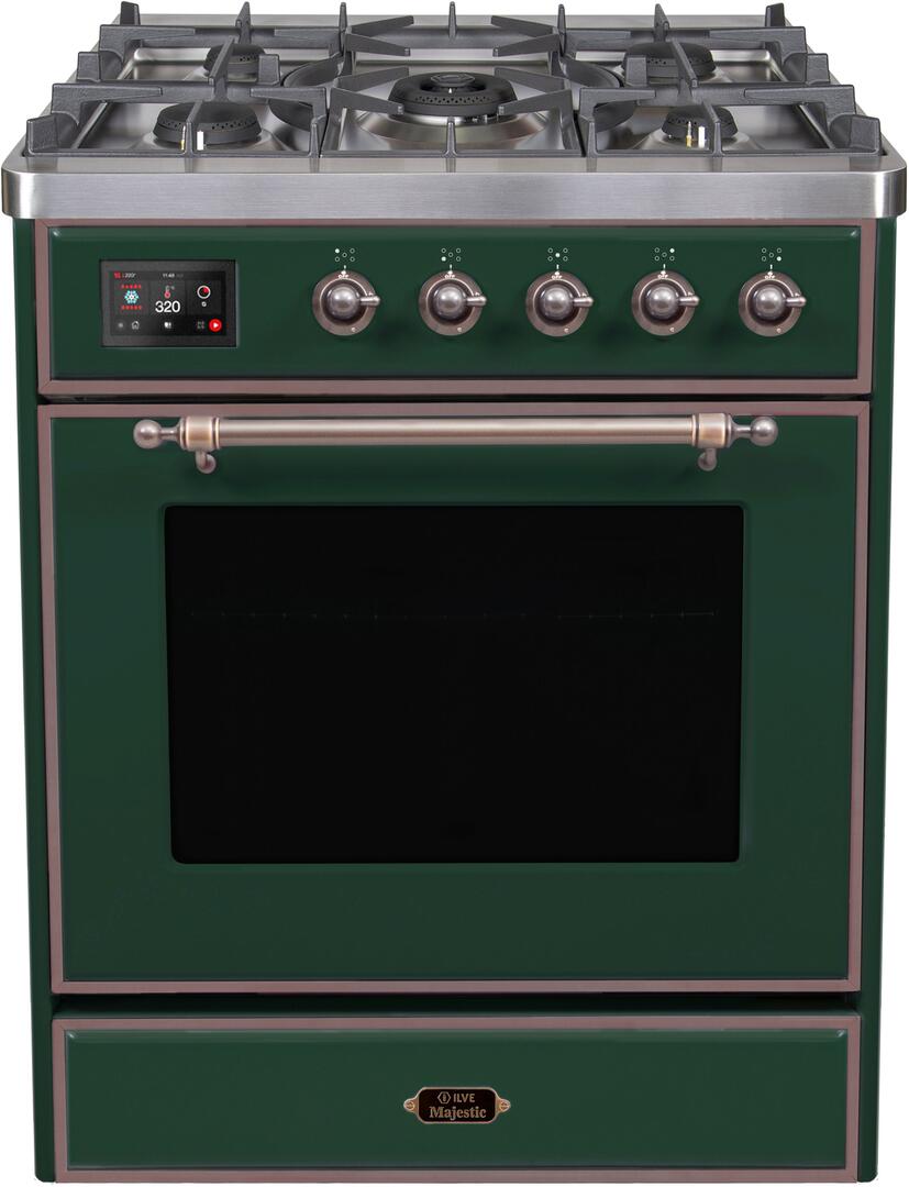 Ilve UM30DNE3EGBLP Majestic Ii 30 Inch Dual Fuel Liquid Propane Freestanding Range In Emerald Green With Bronze Trim