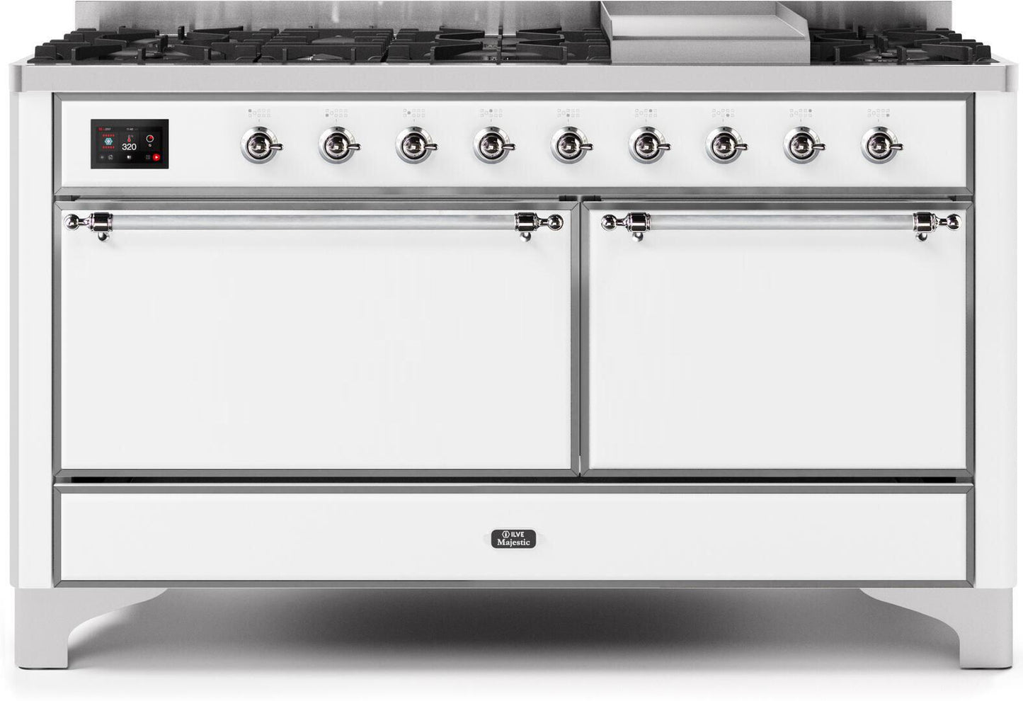 Ilve UM15FDQNS3WHCLP Majestic Ii 60 Inch Dual Fuel Liquid Propane Freestanding Range In White With Chrome Trim