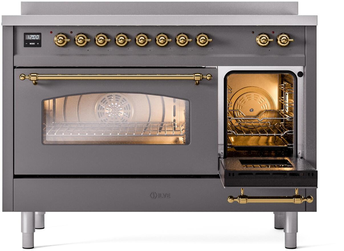 Ilve UPI486NMPMGG Nostalgie Ii 48 Inch Electric Freestanding Range In Matte Graphite With Brass Trim