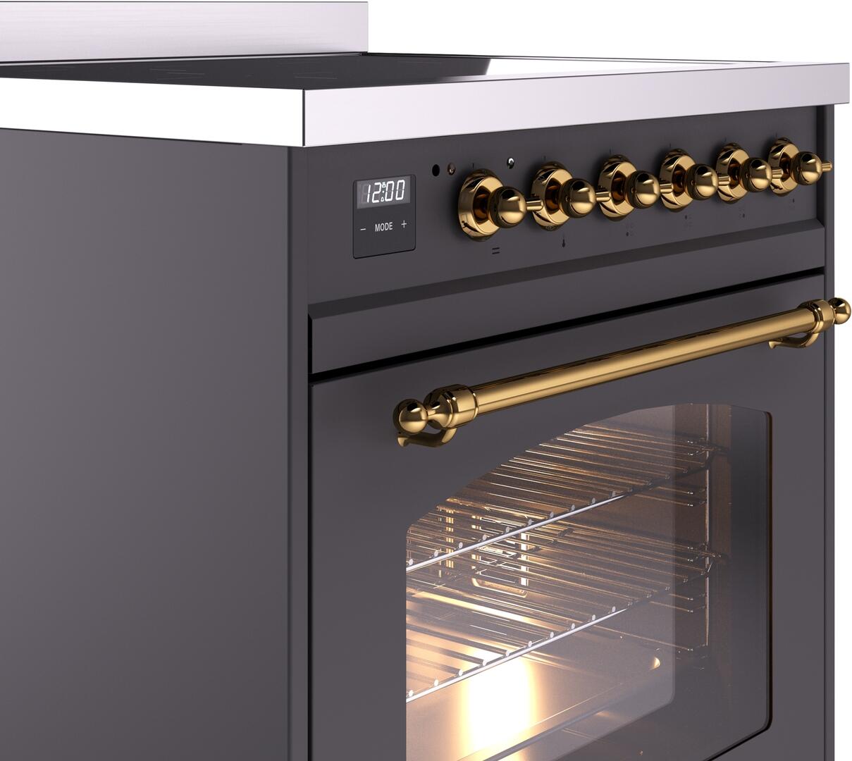 Ilve UPI304NMPMGG Nostalgie Ii 30 Inch Electric Freestanding Range In Matte Graphite With Brass Trim