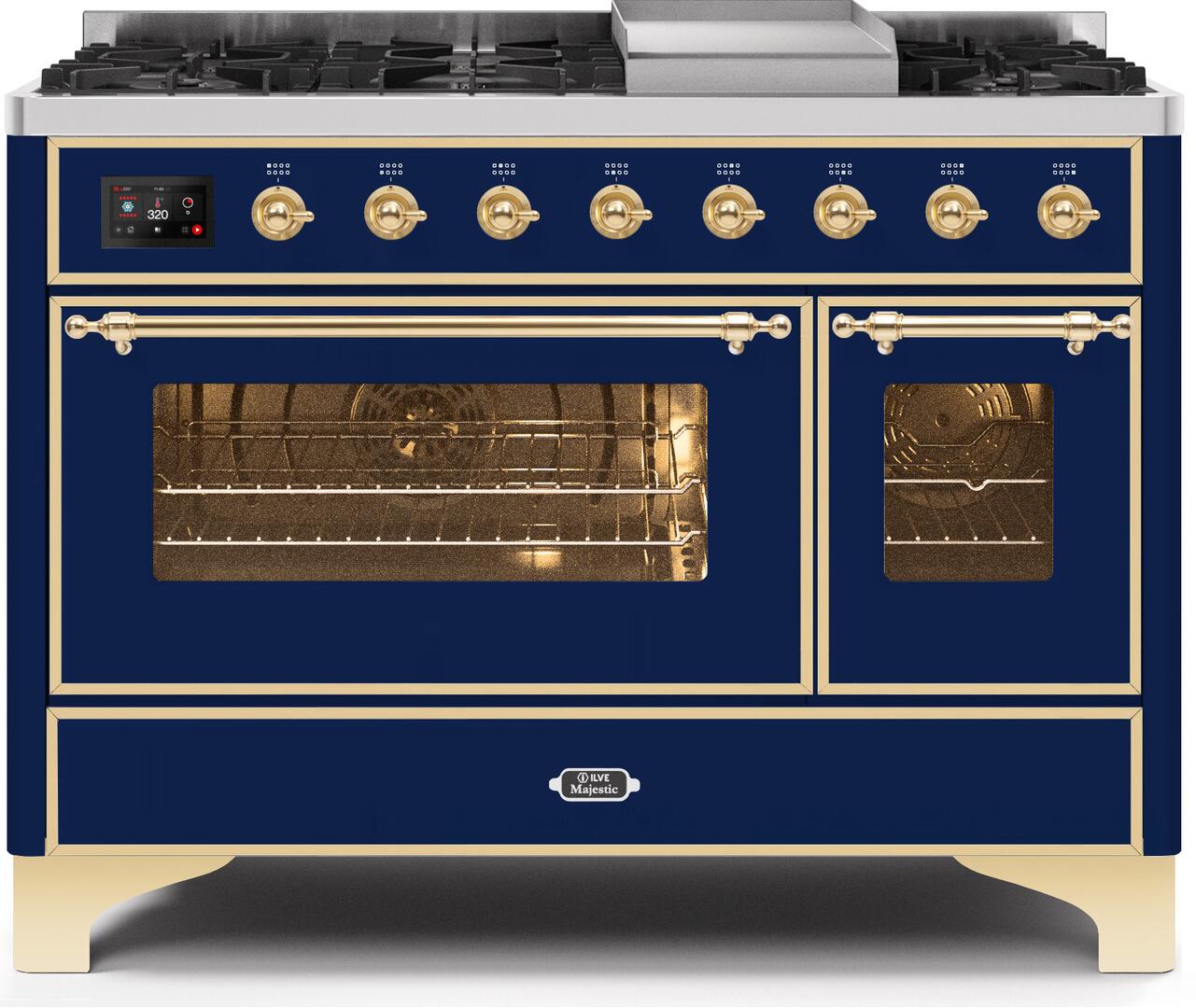 Ilve UM12FDNS3MBGLP Majestic Ii 48 Inch Dual Fuel Liquid Propane Freestanding Range In Blue With Brass Trim