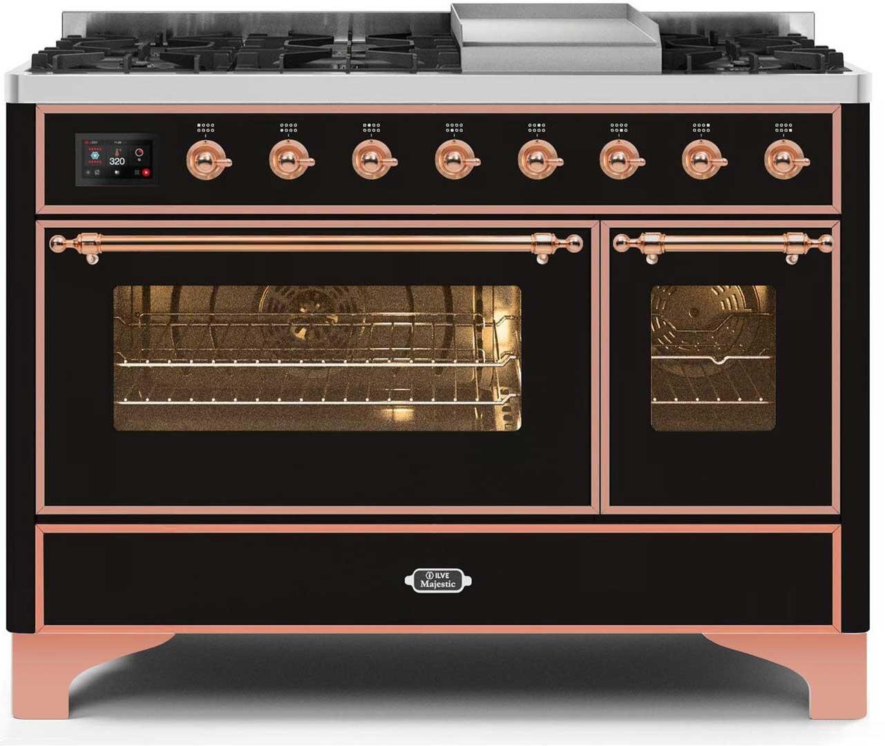 Ilve UM12FDNS3BKPLP Majestic Ii 48 Inch Dual Fuel Liquid Propane Freestanding Range In Glossy Black With Copper Trim