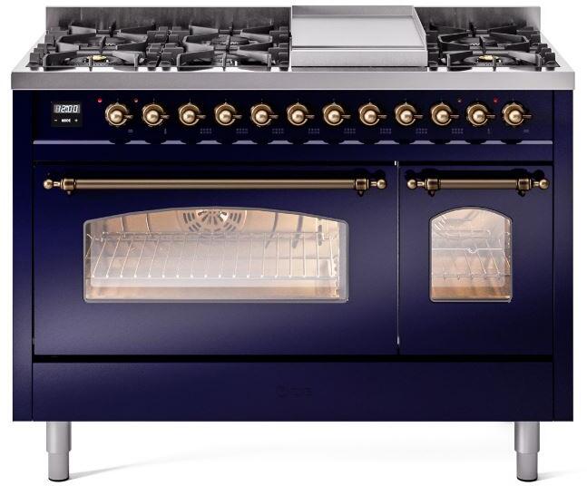 Ilve UP48FNMPMBBLP Nostalgie Ii 48 Inch Dual Fuel Liquid Propane Freestanding Range In Blue With Bronze Trim