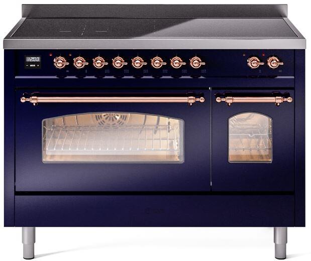 Ilve UPI486NMPMBP Nostalgie Ii 48 Inch Electric Freestanding Range In Blue With Copper Trim