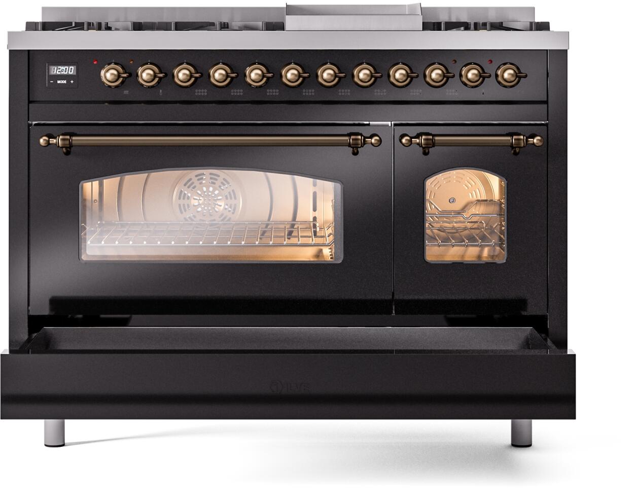 Ilve UP48FNMPBKB Nostalgie Ii 48 Inch Dual Fuel Natural Gas Freestanding Range In Glossy Black With Bronze Trim