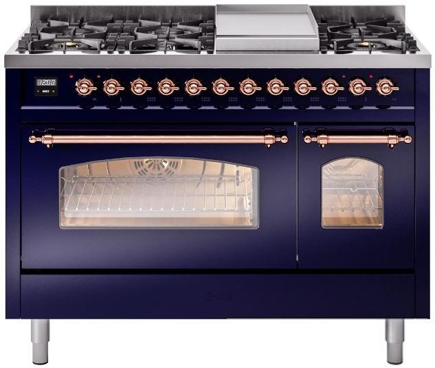 Ilve UP48FNMPMBPLP Nostalgie Ii 48 Inch Dual Fuel Liquid Propane Freestanding Range In Blue With Copper Trim