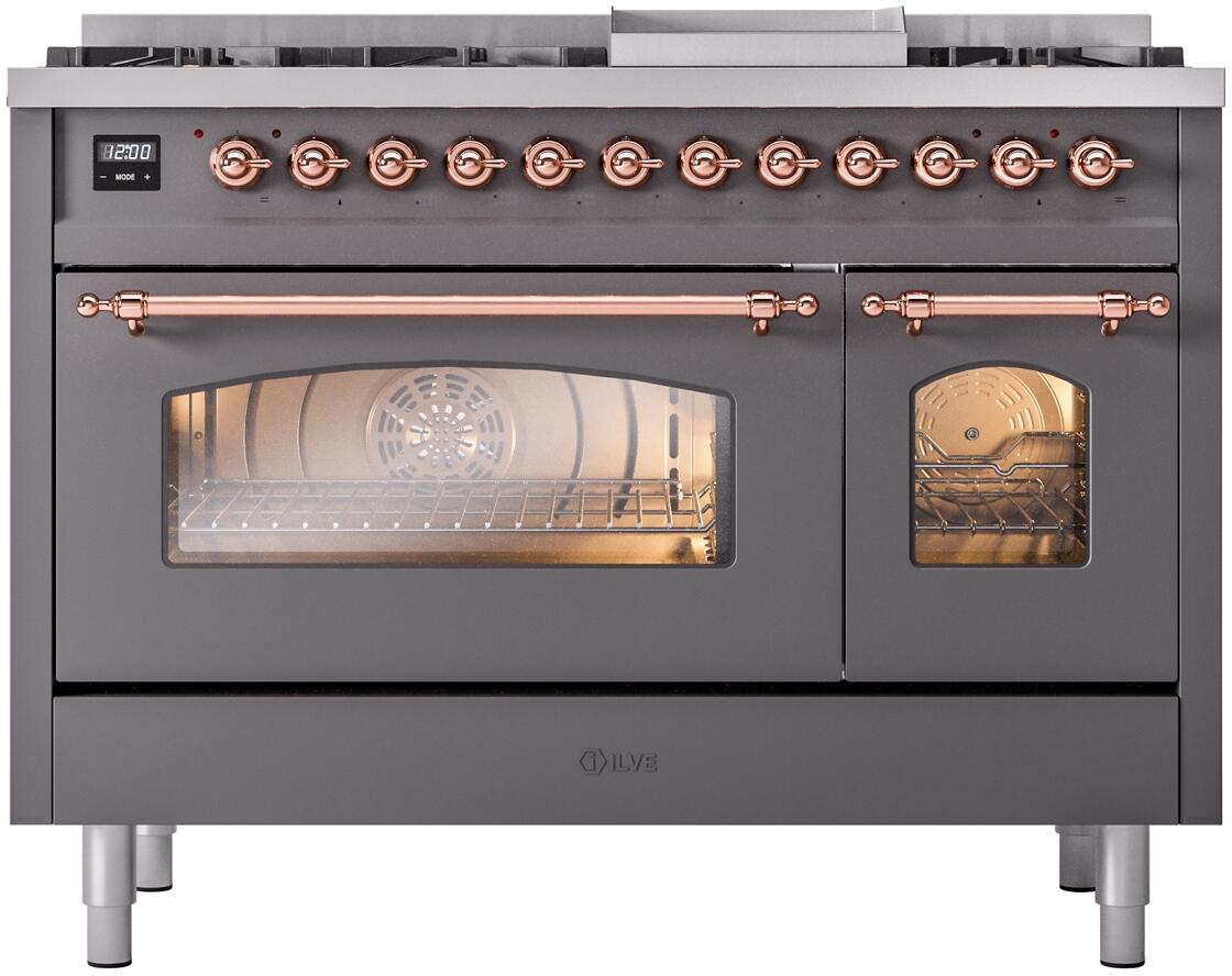 Ilve UP48FNMPMGPLP Nostalgie Ii 48 Inch Dual Fuel Liquid Propane Freestanding Range In Matte Graphite With Copper Trim